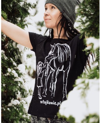 Koszulka damska RATUJ KONIE - dziecko i konik czarna